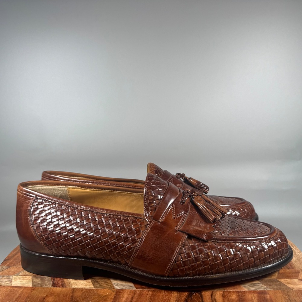 Johnston & Murphy Mens 10.5 M Woven Leather Tassel Kiltie Loafers Brown 15-1862